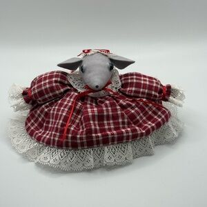 VTG  Handmade Fabric Anthropomorphic Mouse Plaid Lace Dress Farmhouse Decor 5”